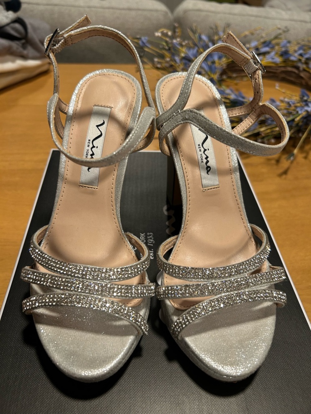 Nina Saralyn Silver Rhinestone Studded Platform Heels